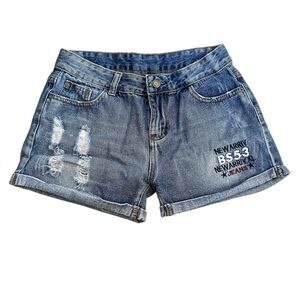 New Arriv ~ Blue Denim Shorts with Embroidered Details ~ distressed ~ size 30